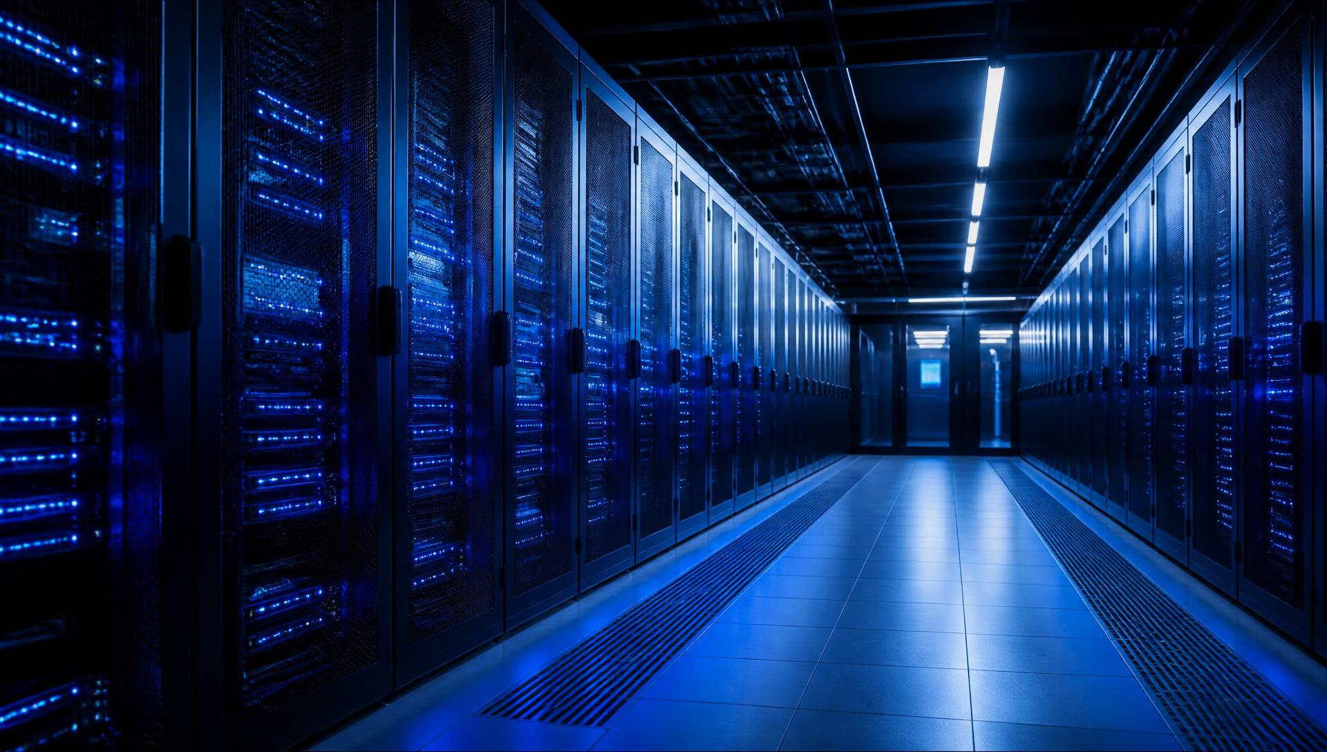 Centro de datos empresarial con racks de servidores iluminados en azul